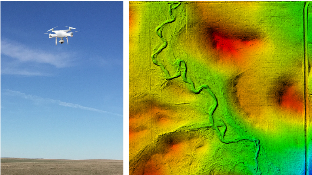 Left: The newest addition to the International team, our new drone “Ammodronus” (Mo Correll) Right: a Digital Surface Model (DSM) of one of our North Dakota plots, produced using drone aerial imaging (Mo Correll)