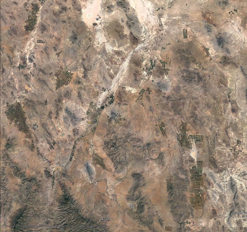 Google Earth shows green central pivot crop circles taking over core areas of the Northern Aplomado Falcon population’s range in Chihuahua, such as the Tarabillas Valley (bottom right crop circles).