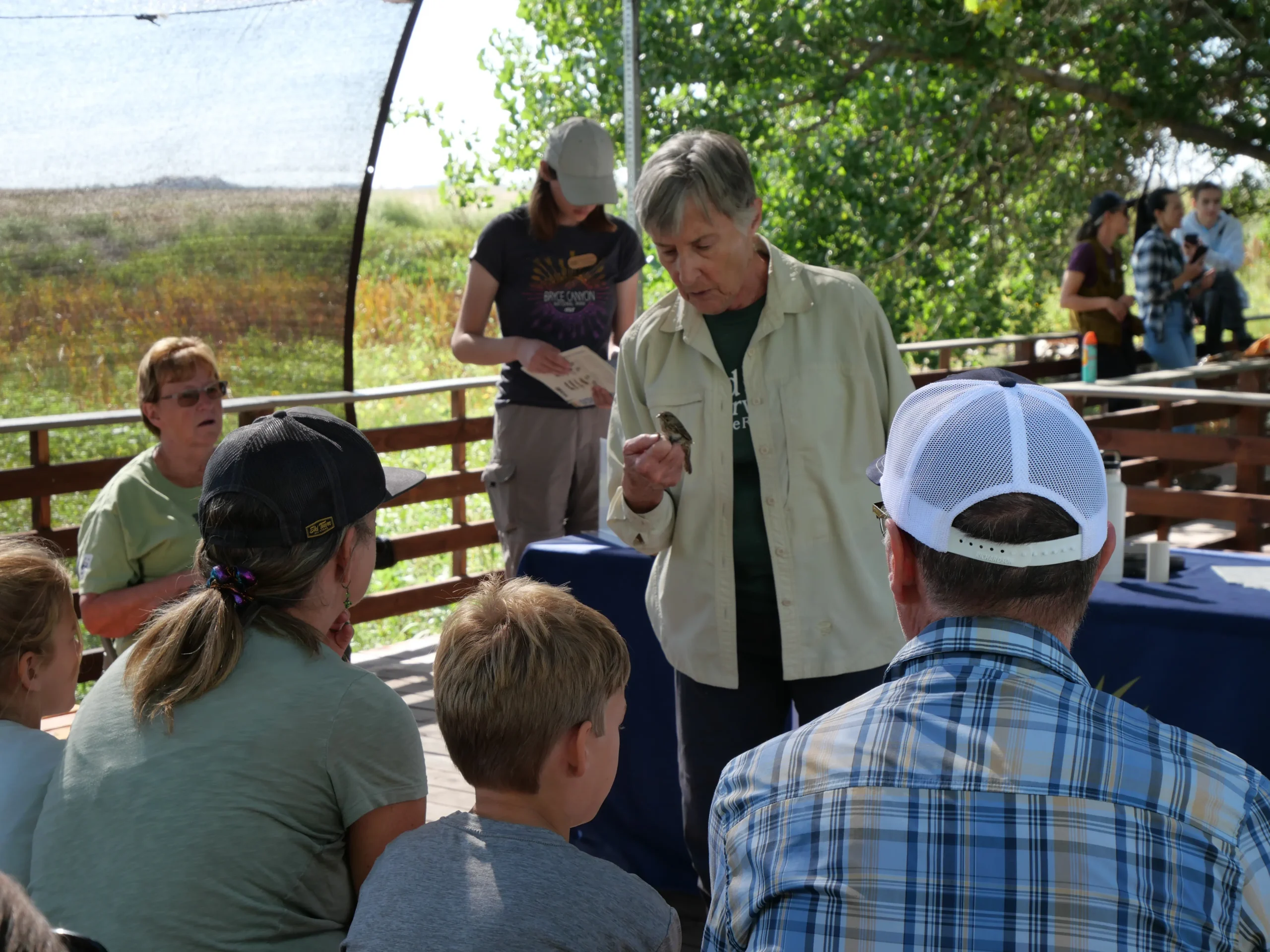 A bander showing a banded bird to a group